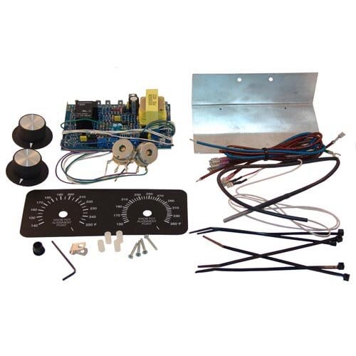 A circuit board and metal plate with wires from an All Points Temperature Control Board Kit.