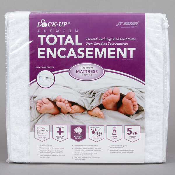 A package of a JT Eaton Premium Full Size Bed Bug Proof Mattress Cover.