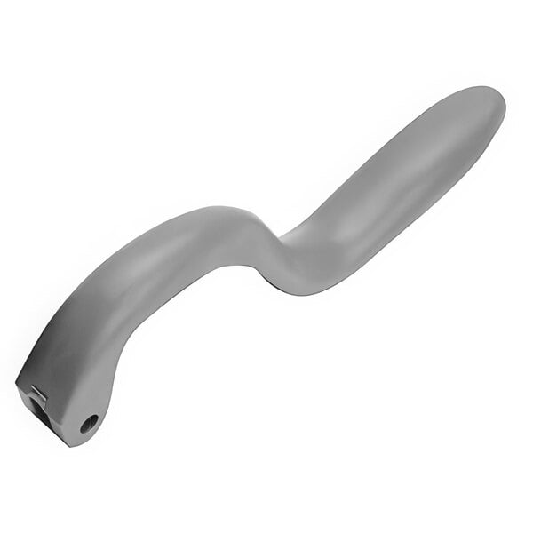 A grey plastic curved handle with a hole in it.