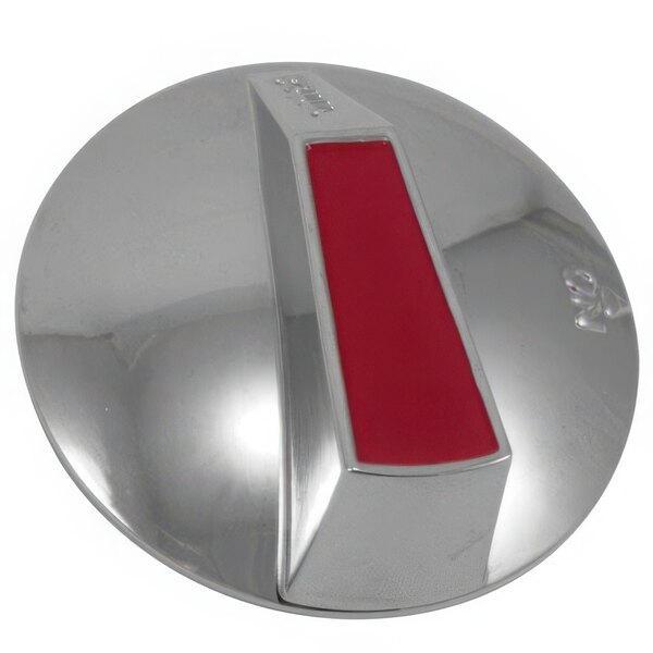 A silver circular range burner knob with a red stripe