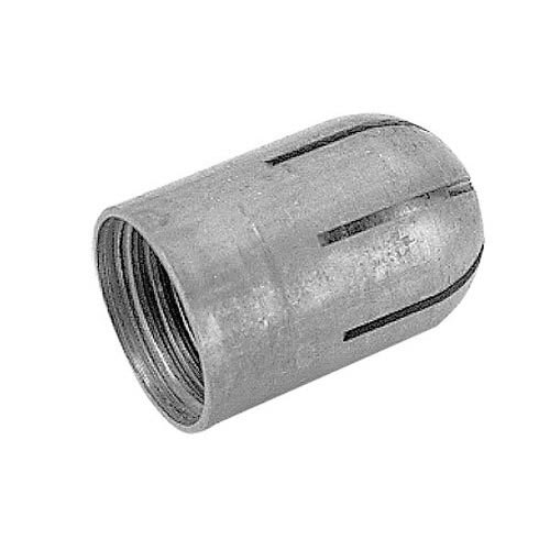 A close-up of a metal cylinder threaded at one end.