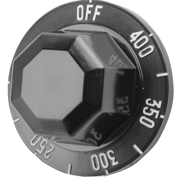 A black plastic knob with white numbers on it.