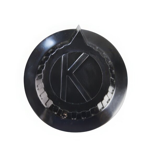 A black circular object with a pointer and the letter K.