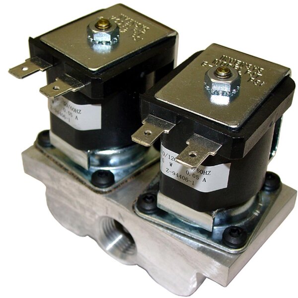 A close-up of an All Points Dual Solenoid Valve with two black and silver valves.