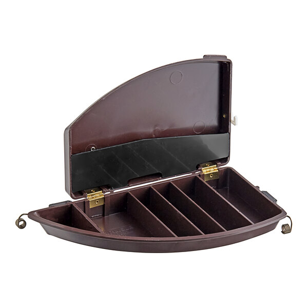 A brown plastic round clip-on case with three compartments.