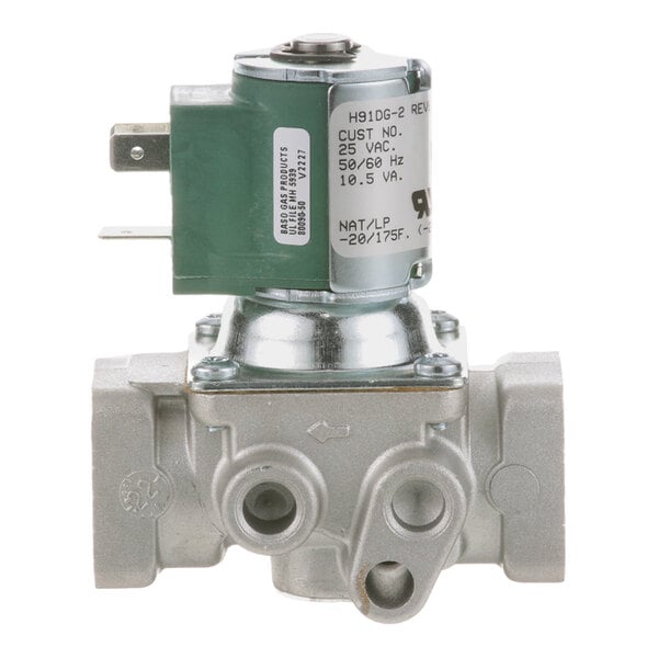 A metal gas solenoid valve with a green and silver actuator and 1/2 inch FPT connections.