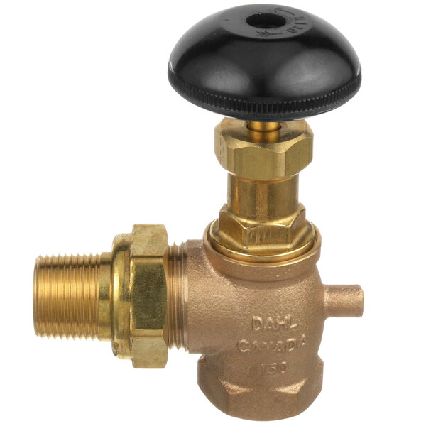 A brass All Points steam supply globe valve with a black knob.