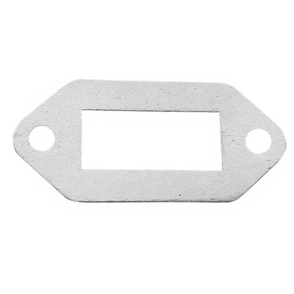 A white rectangular metal gasket with holes.