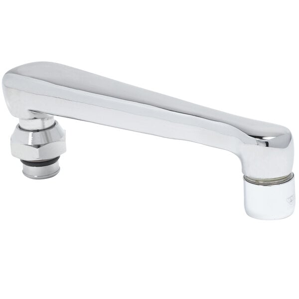 A chrome T&amp;S cast spout for a faucet.