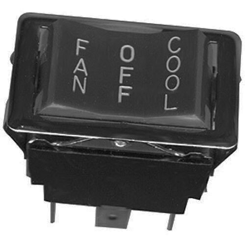A black rocker switch with white letters that says "on" and "off" and "on"
