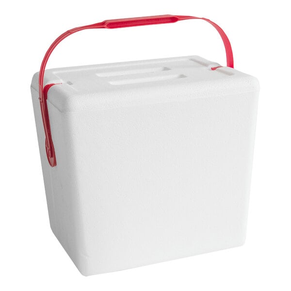 A small white foam cooler with a red plastic handle.