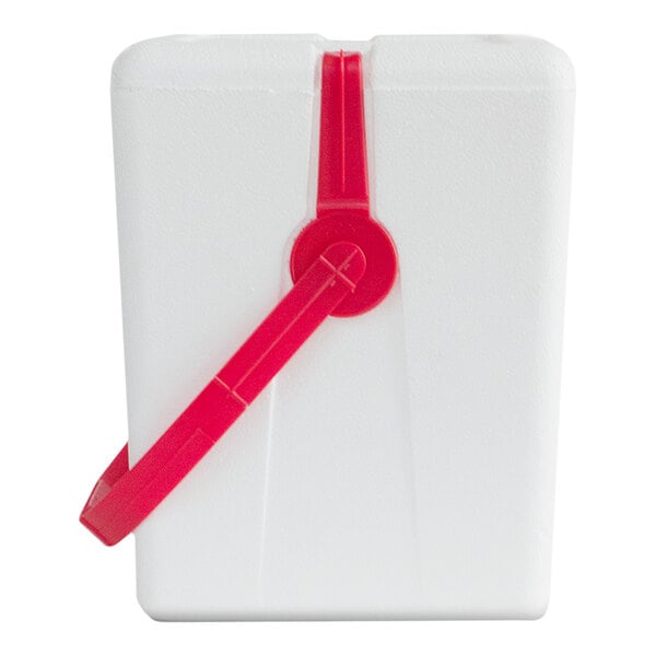 A small white foam cooler with a red plastic handle.