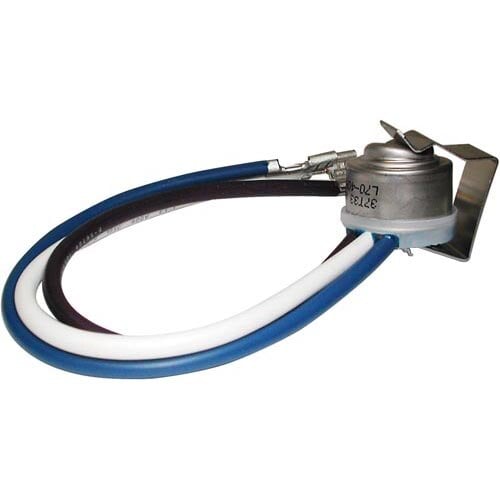A close-up of the All Points 42-1734 fan delay switch with a blue and white cable and white plug.