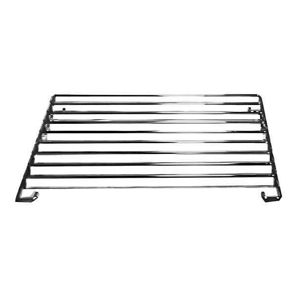 A metal AllPoints oven rack guide with long thin lines.