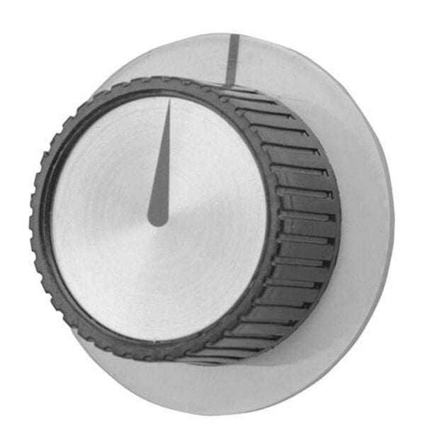 A close-up of a grey All Points fryer knob with a pointer.