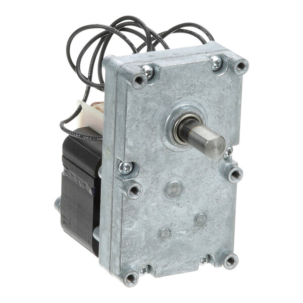 A grey rectangular AllPoints gear drive motor with black and white wires.