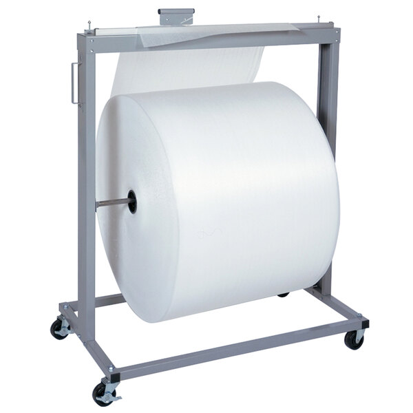 A Bulman Razor-X paper cutter system holding a large roll of paper on a metal stand.