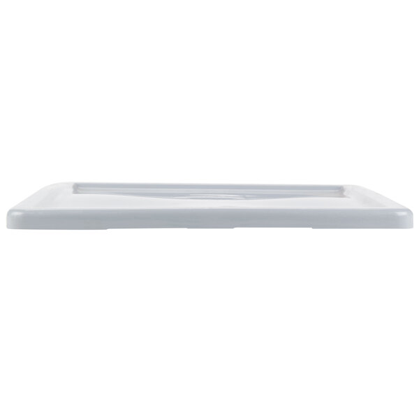 A white plastic lid for a Rubbermaid tote box.