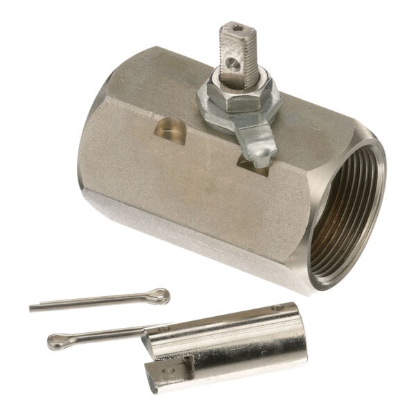 A close-up of a stainless steel AllPoints fryer drain valve with a screw and nut.