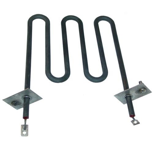 A black metal heating element with two wires attached to a metal plate.