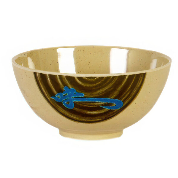 A white Thunder Group melamine soup bowl with blue designs.