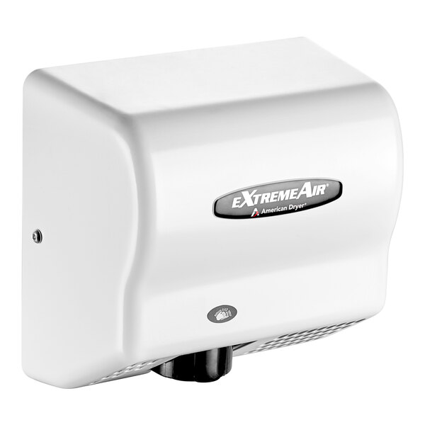 An American Dryer white hand dryer with a black label.