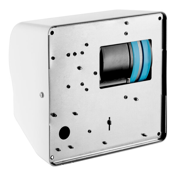 A white and black American Dryer ExtremeAir hand dryer with a blue and black cylinder inside.