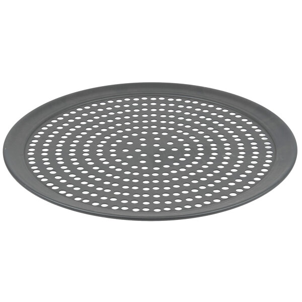 An American Metalcraft round black pizza pan with holes.