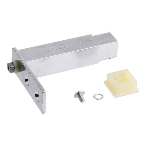 A metal Kason cartridge style door hinge with screws.