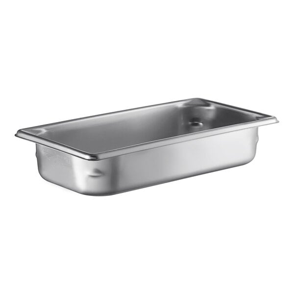 A Vollrath stainless steel 1/3 size steam table pan with a lid.