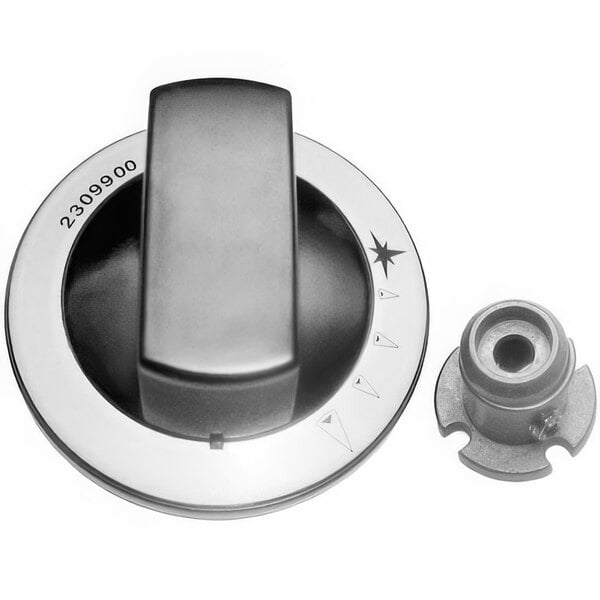A black and silver AllPoints range knob with a metal screw.
