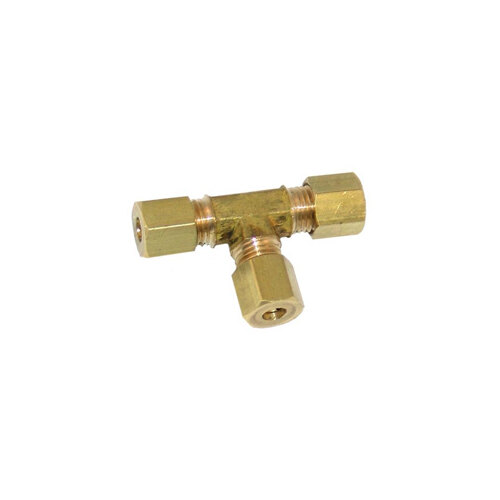 A close-up of a brass threaded union tee.