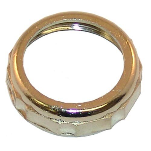 A gold metal slip joint locknut with a white background.