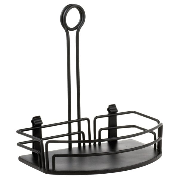 Black metal condiment caddy with built-in merchandiser ring