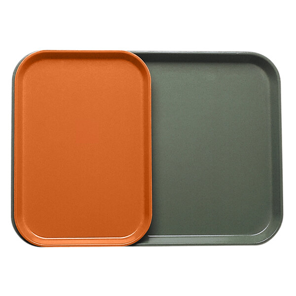 Two Cambro rectangular trays with orange and grey customizable inserts.