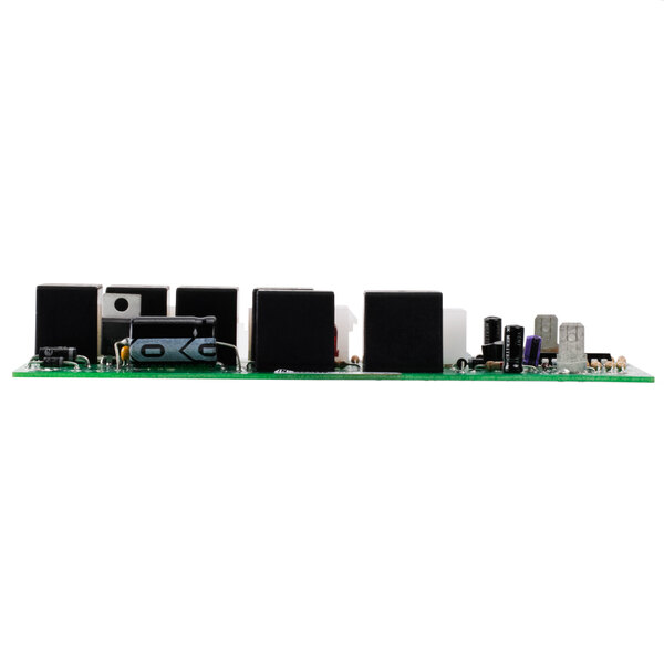 A black rectangular interface board with various components on a white background.