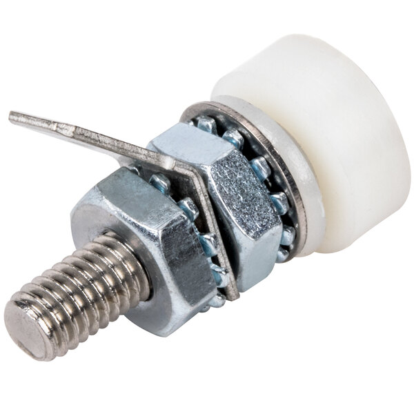 A white plastic knob with a metal screw and nut.