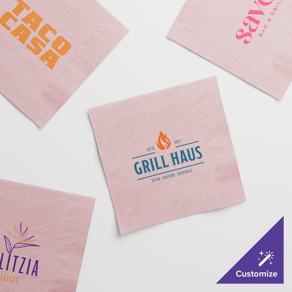 A pink Choice cocktail napkin with yellow text.