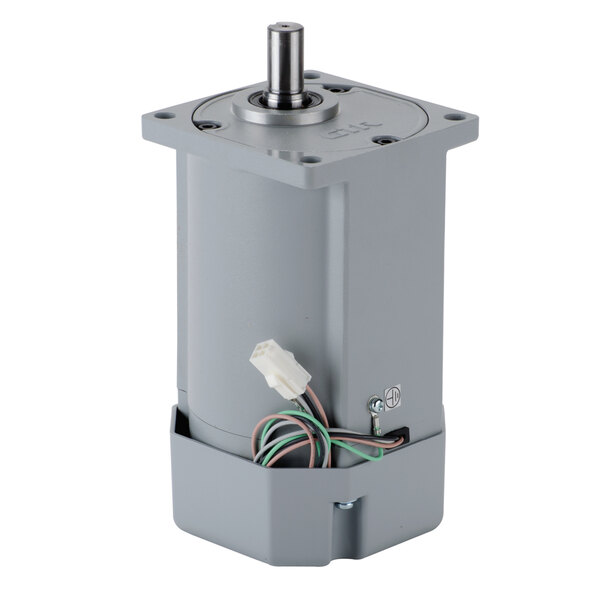 A grey metal box with a grey gear motor and wires.