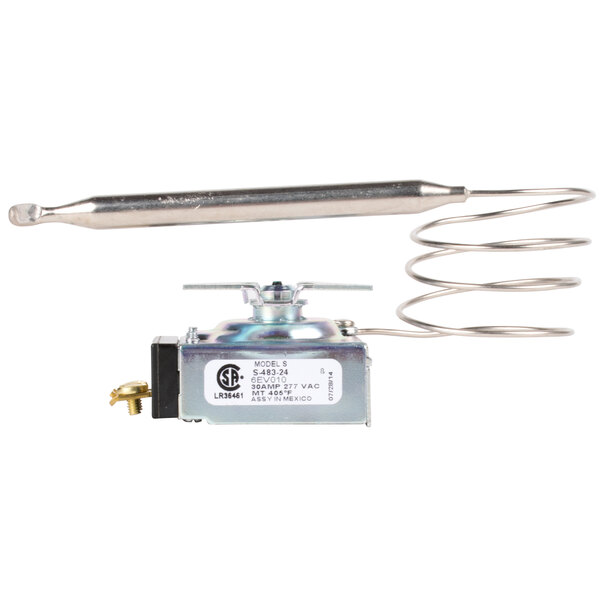 A small metal thermostat with a coil and wire attached.