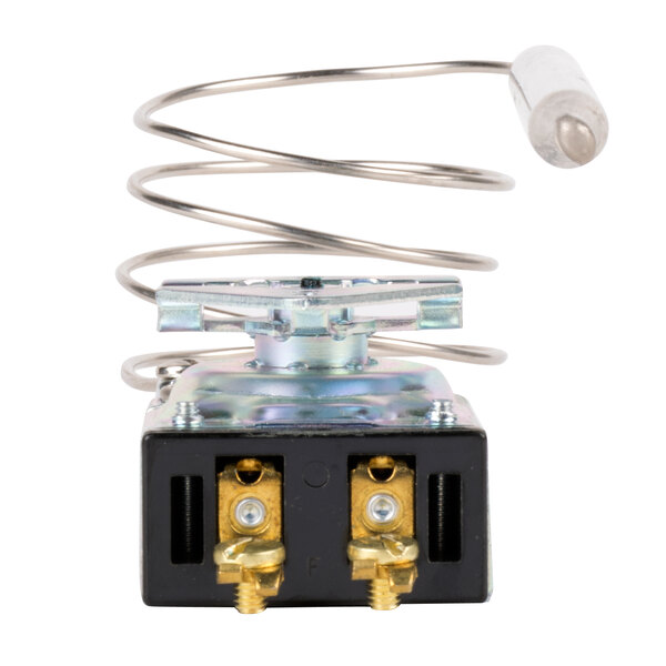 A close-up of a Perfect Fry high limit thermostat with wires attached.