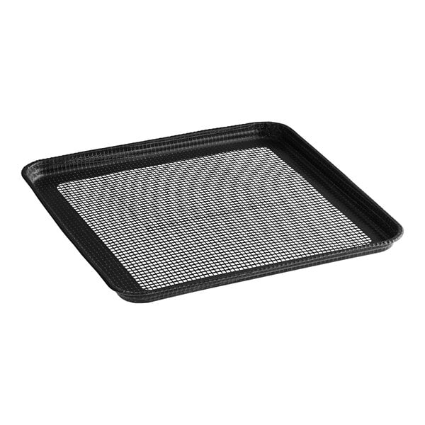 A black baking tray with a mesh surface.