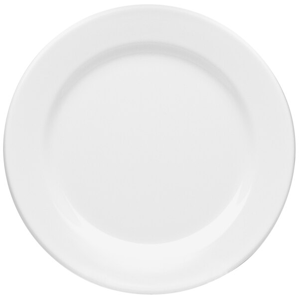 A white plate with a white rim.