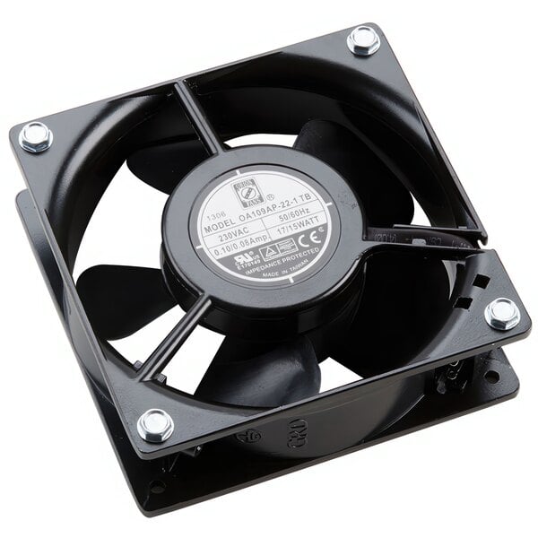 A black TurboChef cooling fan with a white label.