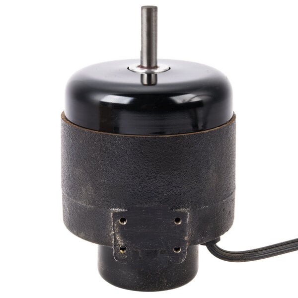 A black round replacement condenser fan motor with metal rod.