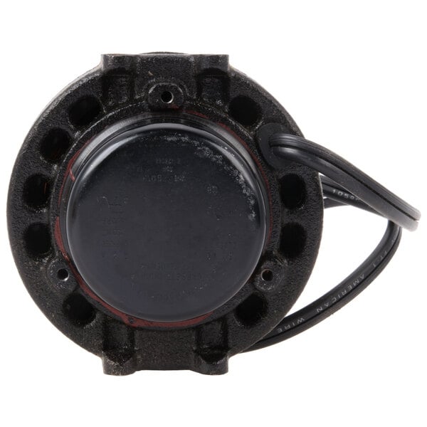 A black round condenser fan motor with wires on a white background.