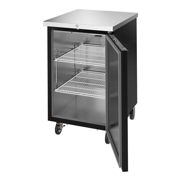A black counter height back bar refrigerator with a solid door, two wire shelves, and caster wheels.