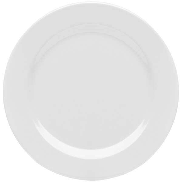 A white plate with a round rim.