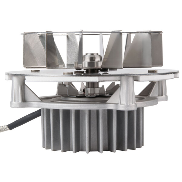 A metal TurboChef blower motor assembly with a metal fan and cover.