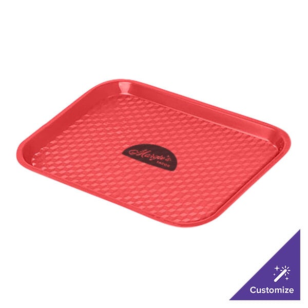 A red GET customizable fast food tray with a white logo on it.